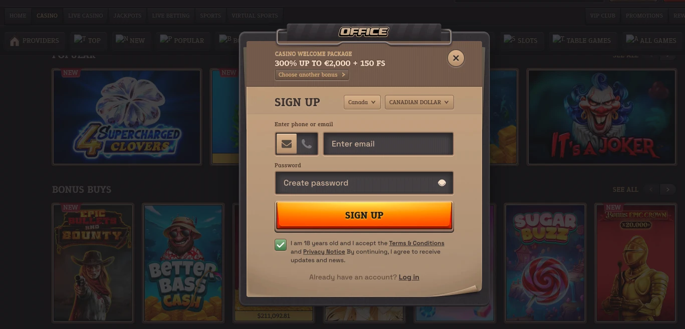Casino sign-up screenshot
