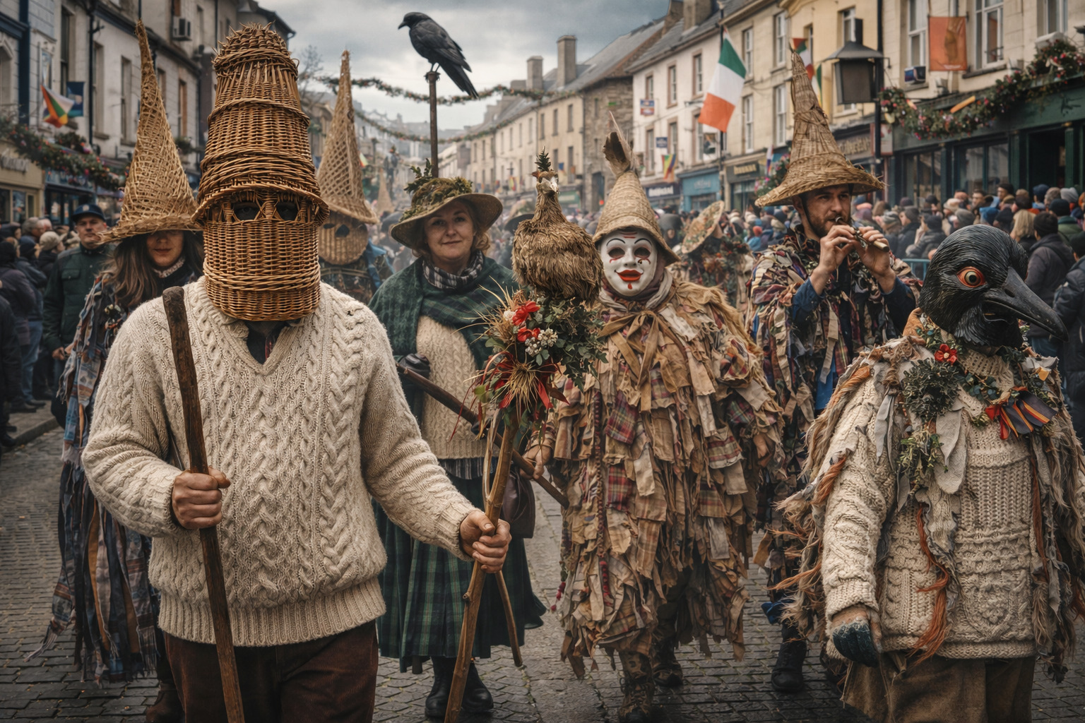 Costumes imagined by Midjourney; Wren Day, Aran knitting patterns of Irish artistic traditions